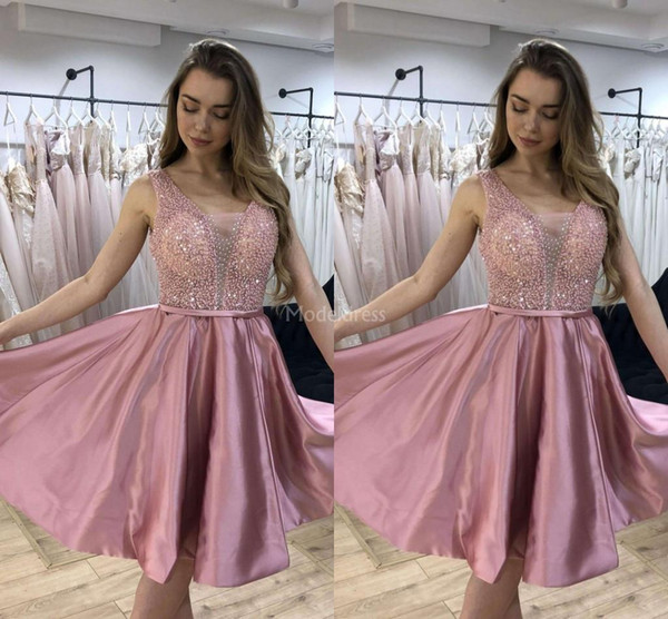 Newest Homecoming Dresses Beads Illusion Mini Formal Party Evening Gown Crystals A Line Special Occasion Dress Elegant Short Prom Gowns A20