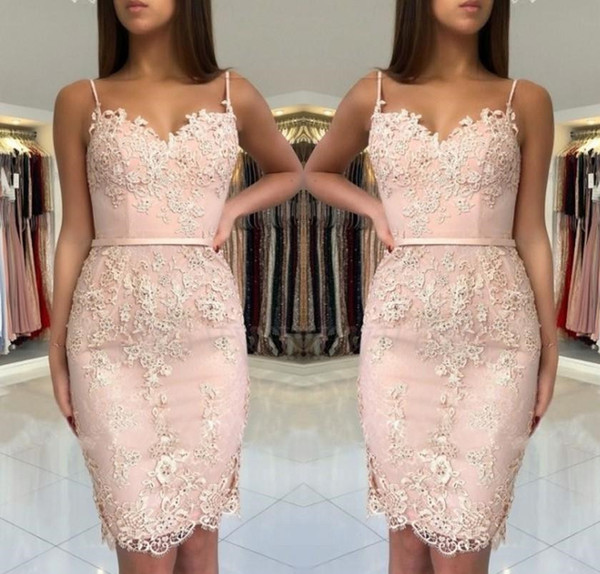 Cheap Blush Pink Homecoming Dresses Lace Appliques Short Mini Spaghetti Straps Sashes Sheath Sweetheart Party Graduation Cocktail Gowns M86