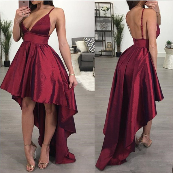 Arabic Homecoming Dresses Burgundy Spaghetti Straps High Low Satin African Short Prom Dress Cocktail Graduation Party Club Wear M22