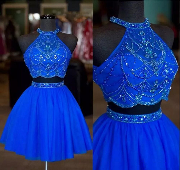 Royal Blue Beaded Short Homecoming Dresses 2 Pieces Prom Gowns Beaded Rhinestones Formal Cocktail Party Dress Hollow Back Two Piece