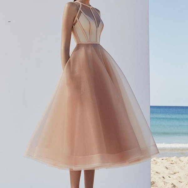 Fashion Champagne Tea Length Homecoming Dresses Elegant See Thru Sexy Cocktail Dresses Pretty Formal Party Dress For Graduation