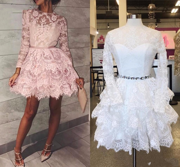 Pretty Lace Ruffles Short Cocktail Dresses O-neck Full Sleeves Tiered Mini Fashion Homecoming Dresses Abiye Vestidos