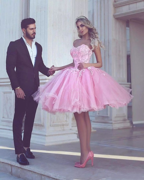 Pink Homecoming Dresses A-line Sweetheart Knee Length Tulle Lace Beaded Elegant Cocktail Dresses vestido de festa