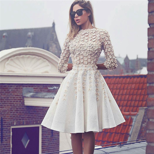 Long Sleeves 2019 Homecoming Dresses A-line High Collar Knee Length Flowers Pearls Elegant Cocktail Dresses vestido de festa