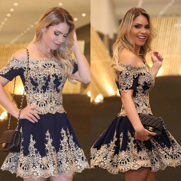 New Navy Homecoming Dresses Off Shoulder Lace Appliqued Short Sleeves Mini Cocktail Party Dress Custom Made Prom Gowns