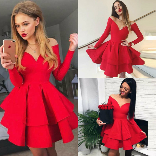 Long Sleeve Red Homecoming Dresses Off Shoulder Satin Tiered Skirts Short Cocktail Party Dress Custom Made Prom Gowns