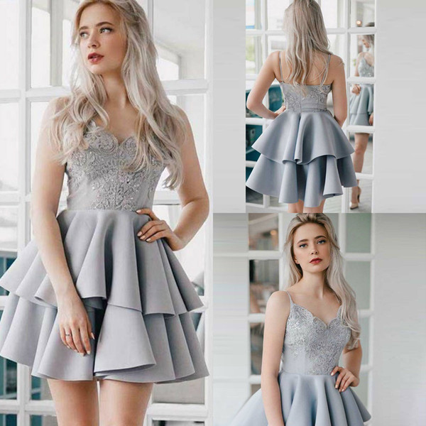 Little Grey Homecoming Dresses With Appliques Beads Spaghetti Tiered Skirts Short Cocktail Party Dress Custom Made Prom Gowns