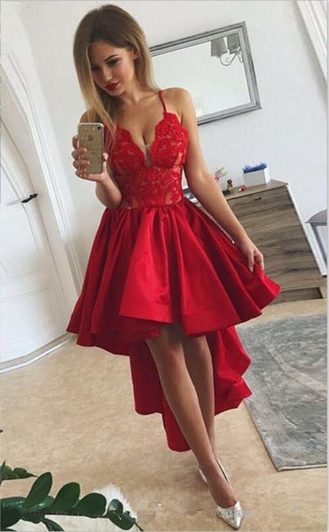 Red High Low Arabic Cocktail Dresses Sexy Spaghetti Lace Satin Evening Gowns Ruffles Cheap Short Prom homecoming Dress