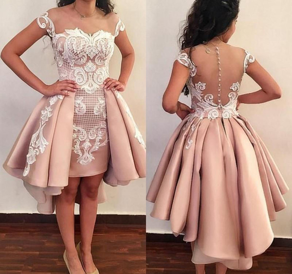 Light Pink Lace Appliques Homecoming Dresses Knee Length Sheer Sexy Back Women Dresses Over Skirt High-Low Short Party Cocktail Dress 