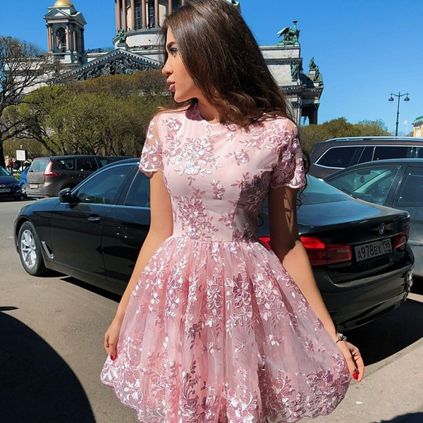 Short light pink Homecoming Dresses short sleeves Bridesmaid Dress 2022lace appliques ball gown evening dress cheap