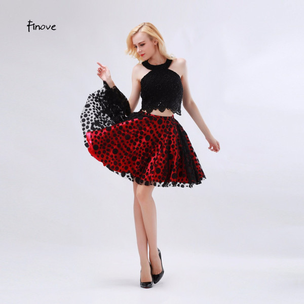 Finove Black and Red Homecoming Dresses Polka Dots Tulle New A-Line Knee-Length with Beading Halter Party Gowns Short Dress