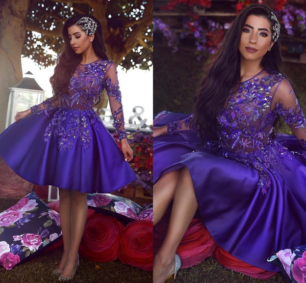 Arabic Royal Purple Short Cocktail Homecoming Dresses Vintage Long Sleeve A Line Sheer Neck Applique Beaded Dress Prom Gowns BC1227