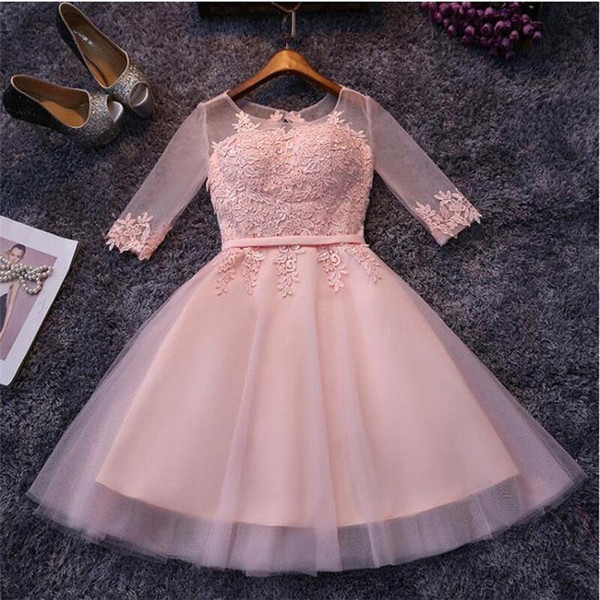 Blush Pink Sweet Homecoming Dresses with Lace Appliques Tulle Short Even Party Dress Cocktail Dress BC1860