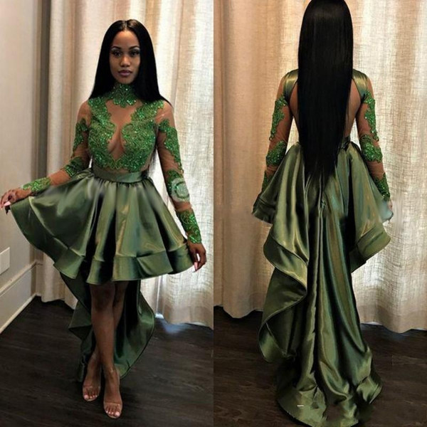 African Olive Green Black Girls High Low Prom Homecoming Dresses Sexy See Through Appliques Sequins Sheer Long Sleeves Cocktail Gowns