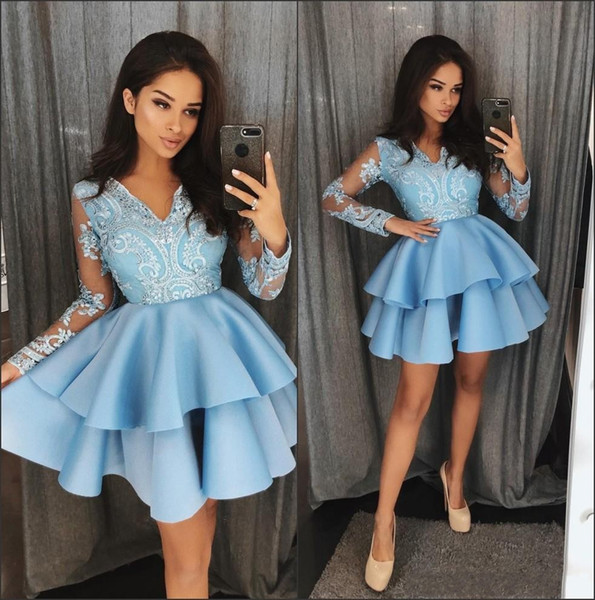 Light Blue V Neck Lace A Line Homecoming Cocktail Dresses Long Sleeves Applique Tiered Layers Short Party Evening Prom Dresses BA9953