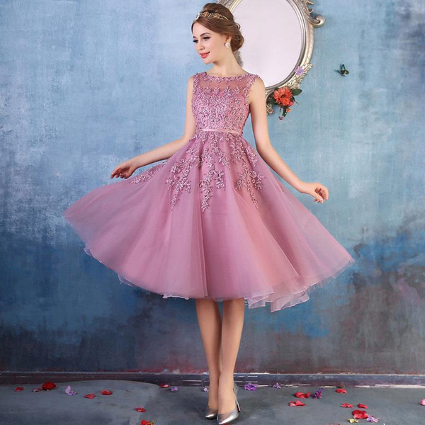 2022In Stock Cheap Sweet 16 Homecoming Dresses Sheer Crew Neck Lace Appliques Beaded A-line See Through Tea Length Cocktail Dresses CPS298