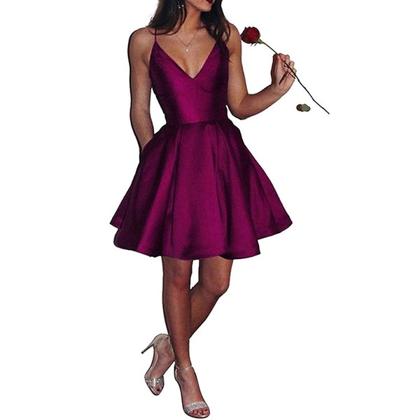 New Short Dark Red Satin Homecoming Dresses 2022V-neck Spaghetti Straps Mini Cocktail Party Dress with Pockets BA6907