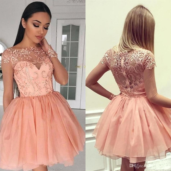 Blush Pink Knee Length Homecoming Dresses A Line Sheer Long Sleeve Applique Ruffles Short Cocktail Prom Gowns BC1579