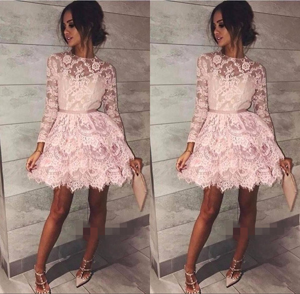 Sheer Long Sleeve Lace Homecoming Dresses Jewel Neck Tiers Mini Skirt Cocktail Dresses Girls Short Party Gown BC1911