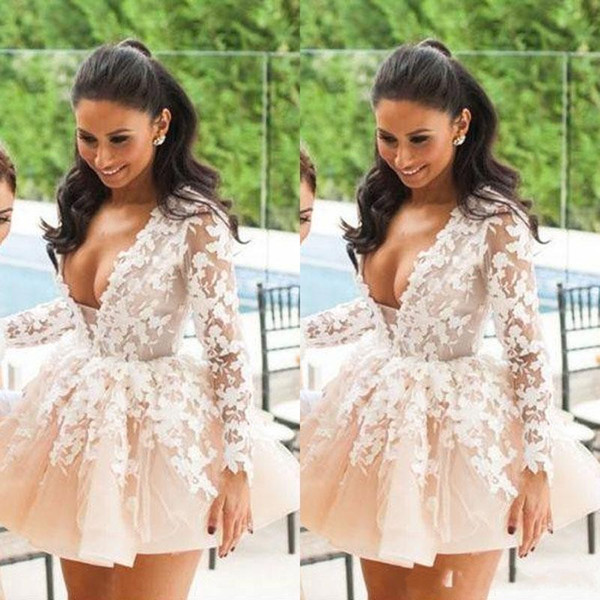 Cheap Sexy V Neck Short Mini Homecoming Dresses Long Sleeve Lace Appliqued Cheap Party Evening Prom Dress Short Formal Gowns