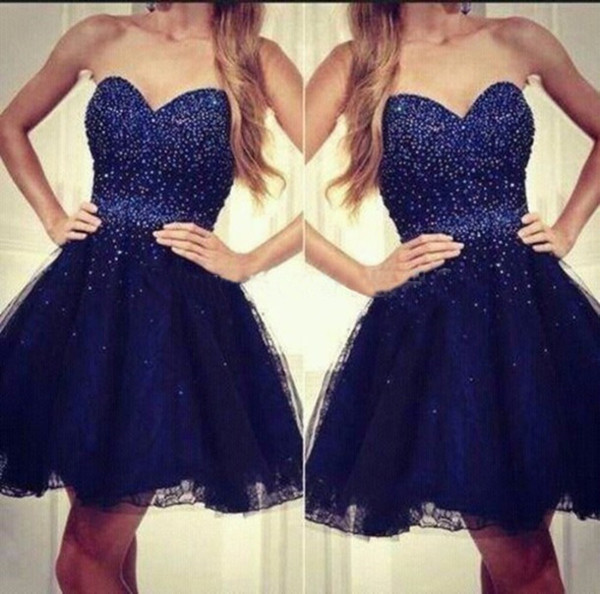 Navy Blue Sequins Tulle Short Homecoming Dresses A Line Sweetheart with Corset Backless Mini Cocktail Party Gowns