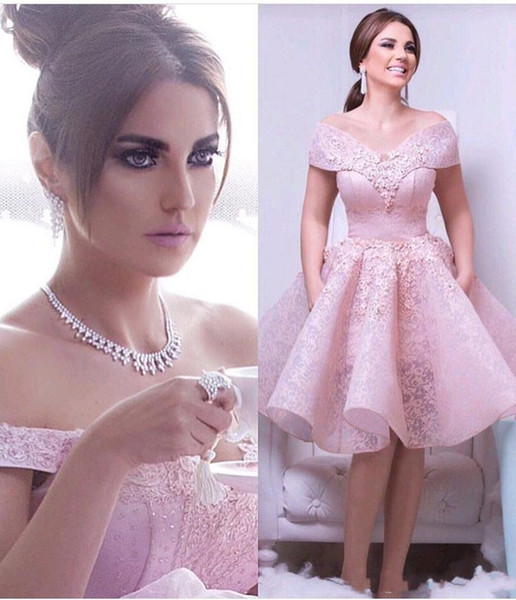 New Arrival Pink Homecoming Dresses Elegant A Line Off-shoulder Lace Appliqued Ruffles Short Prom Dress Arabic Cocktail Gowns BA9285