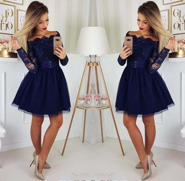 Dark Blue Bateau Homecoming Dresses Off Shoulder Long Sleeve Elegant Short Even Party Dress Cocktail Dress BC0062