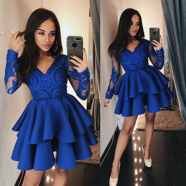 Royal Blue V Neck Lace A Line Homecoming Dresses Long Sleeves Applique Tiered Layers Short Party Evening Prom Dresses