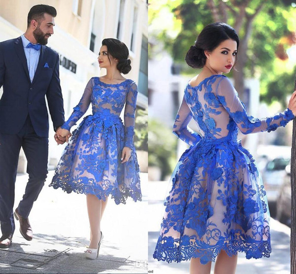 Royal Blue Short Homecoming Dresses Long Sleeves Lace A Line Cocktail Party Gowns Illusion Back Knee Length Prom Dresses BO9853