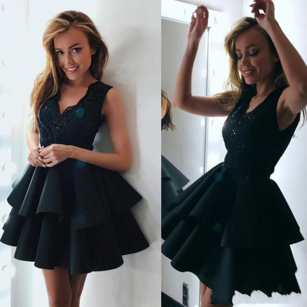 Little Black Ruffles Mini Short Homecoming Dresses Arabic Style A Line V Neck Lace Appliques Cocktail Graduation Gowns Cheap BA9549