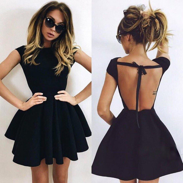 Simple Cheap Little Black Cocktail Dresses Halter Ball Gown Backless Homecoming Gowns Short Party Prom Dress BA3464