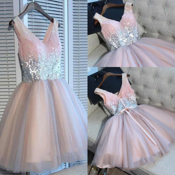 Newest Arrival Pink Homecoming Dresses A Line V-Neck Sequins Beaded Short Party Gowns Cocktail Wears BA9973