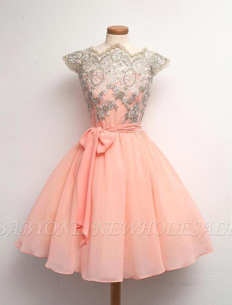 Blush Pink A Line Homecoming Dresses Cap Sleeve Bateau Neck Appliqued Tulle Knee Length Cocktail Prom Gowns Cheap BC1757