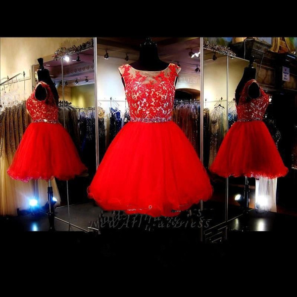 Little Red Ruffles Tulle Short A Line Homecoming Dresses Appliques Sheer Knee Length Cocktail Prom Gowns BC1550