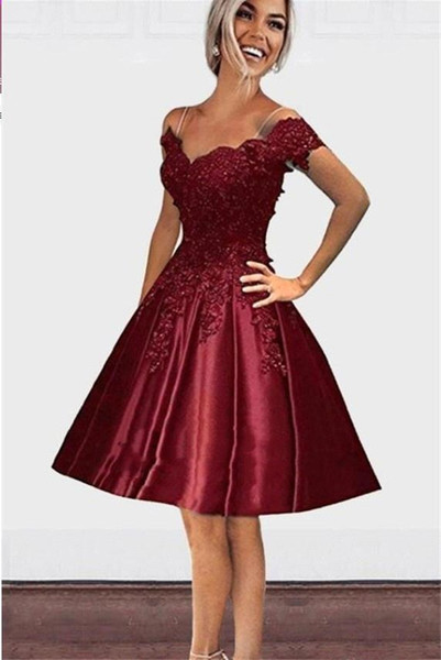 Dark Red Knee Length Homecoming Dresses Elegant A Line Off Shoulder Appliques Satin Cocktail Prom Gowns Formal bc1171