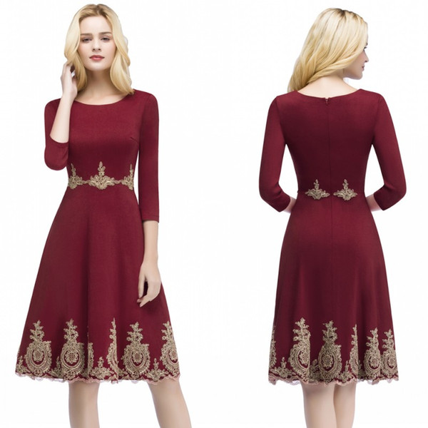 Babyonline New Arrival Burgundy With Gold Appliques Homecoming Dresses 2022A Line 3/4 Long Sleeves Mother Dress Evening Gowns Short CPS874