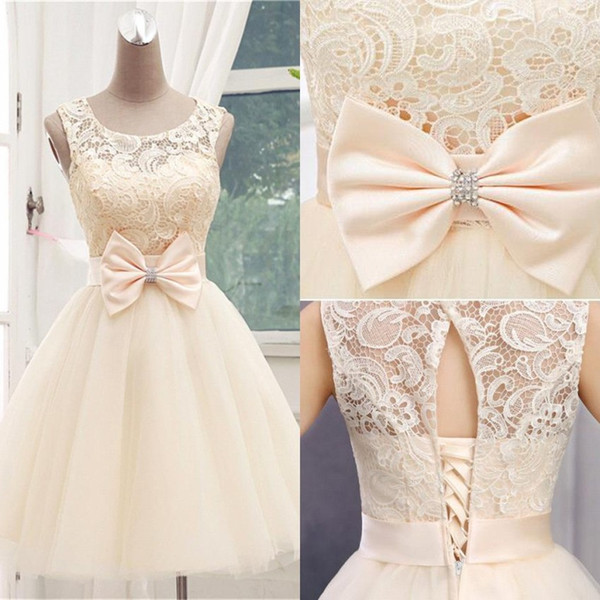 Champagne Short Knee Length Homecoming Dresses With Bow Sash Crew Neck Lace Top Lace-up Back Mini Cocktail Graduation Gown BC1139