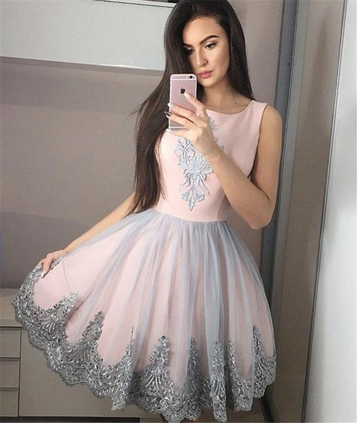 Blush Pink Gray Appliques A Line Homecoming Dresses Crew Neck Sleeveless Knee Length Women Party Prom Cocktail Dresses Cheap