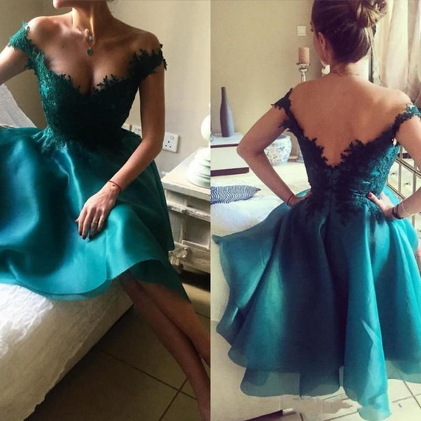 Aqua Lace Satin Short Homecoming Dresses New Arrival A-line Off Shoulders Low Back Knee Length Cocktail Prom Gowns Cheap