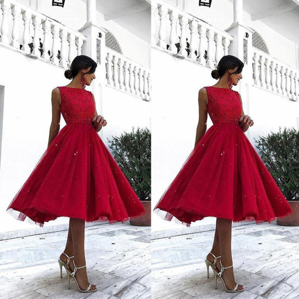 Little Red Short Party Homecoming Prom Dresses A Line Jewel Neck Appliques Beaded Knee Length Cocktail Evening Gowns Arabic ba9472