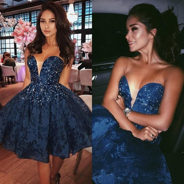 Dark Navy Lace Homecoming Dresses A Line Sweetheart Beaded Sequins Short Knee Length Prom Gowns Cocktail Dress Wears