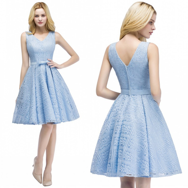 Babyonline New Designed Light Sky Blue Lace Short Homecoming Dresses A Line V Neck With Sash Knee Length Cocktail Prom Gowns cps916