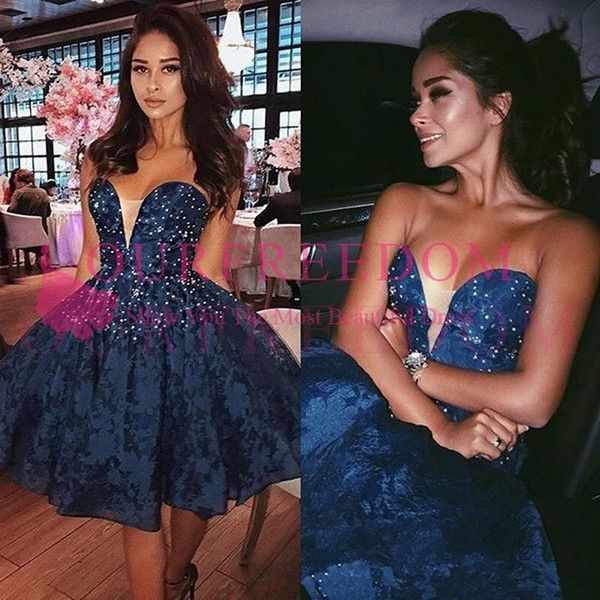 Gorgeous Nay Blue Lace Homecoming Dresses Sweetheart Neck Short A Line Cocktail Dresses Party Gown Custom Made Hot Sale