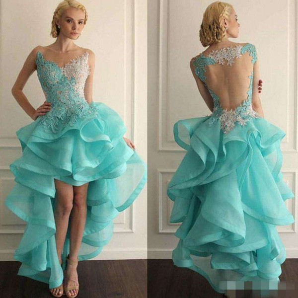 LONG Homecoming Dresses Scoop Sleeveless Sheer Back Hi-Lo Tulle with Applique Cute 8th Grade Graduation dresses Custom Made Prom Gowns