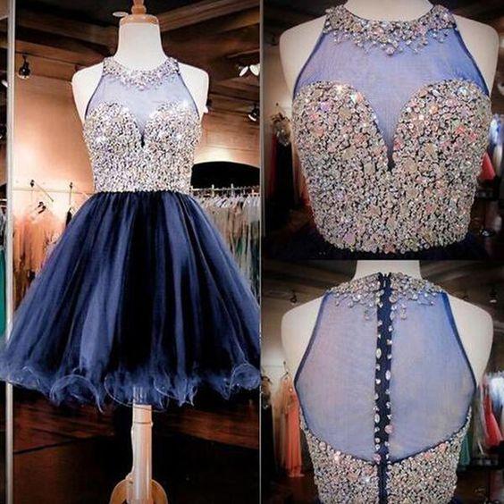 Sparkly Crystal Beaded Short Mini Homecoming Dresses Navy Blue Jewel Neck Zipper Back Cocktail Dresses Graduation Party Gown Custom