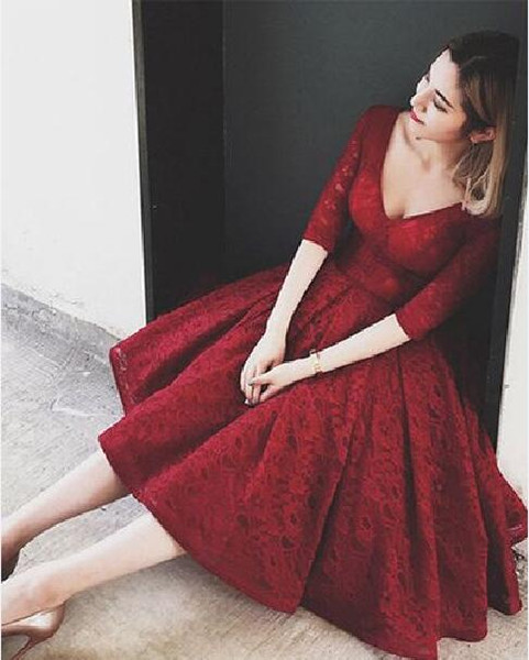 Castle Vintage Romantic Burgundy 2017 Party Dresses A Line V Neck Lace up 3/4 Long Sleeve Tea-Length Lace Homecoming Dresses