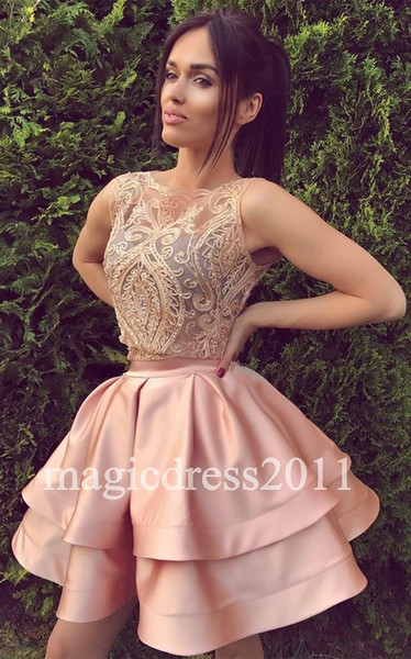 2017 Two Piece Pink Sweet 16 Dresses A-Line Jewel Illusion Bodice Ruffled Pleated Cheap Homecoming Gowns Little Dress for Party Gowns