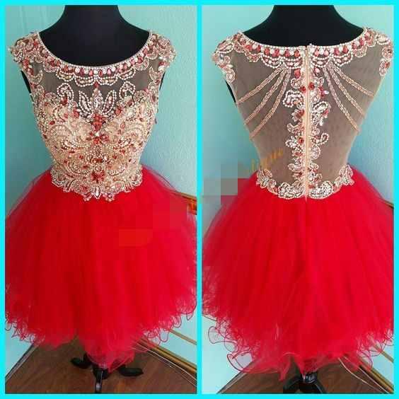 Red Crystal Beaded Short Mini Homecoming Dresses Jewel Neck Zipper Back Ruffles Tulle Cocktail Dresses Special Party Gowns Custom