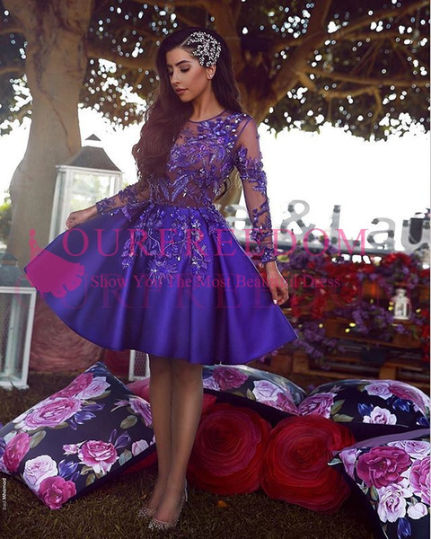 Said Mhamad Purple Short Homecoming Dresses Shining Beaded Appliques Long Sleeve Formal Evening Occasion Dresses Custom Made Hot Sale