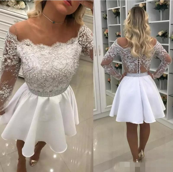 Sexy Bateau Neck Beads Short Mini Prom Dresses 2017 Appliques Formal Party Gowns Sheer Long Sleeve Evening Gown Homecoming Dress Custom Made